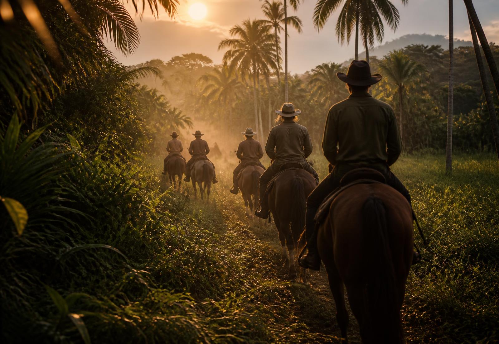 Riders on horseback on a green trail lined with palms at sunrise in Kerala